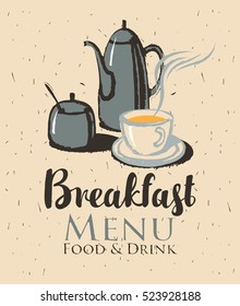 vector banner for a cafe with breakfast with a teapot and cup of tea