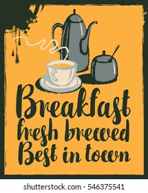 vector banner for a cafe with breakfast with a teapot and cup of tea