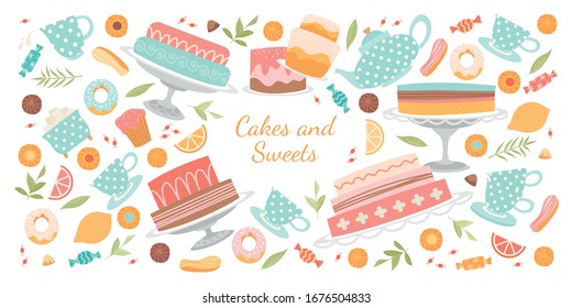 Vector banner with cakes, cookies and other pastries, as well as tea accessories on a white background for the design of a cafe or bakery. Tea break with sweets.