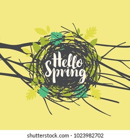 Vector banner with calligraphic inscription Hello Spring. Bird's nest of twigs and leaves on a tree branch on a light green background