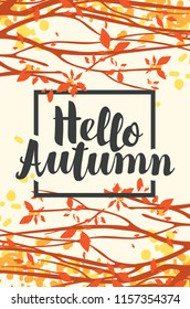 Vector banner with calligraphic inscription Hello autumn. Autumn illustration with autumn leaves on the branches of trees in a Park or forest