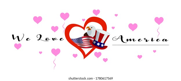 Vector banner with calligraphic lettering we love America with  national flag of United States of America. America symbol  inside of the heart