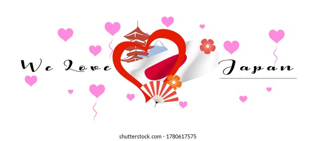 Vector banner with calligraphic lettering we love Japan with  national flag of Japan. Japan symbol  inside of the heart