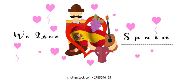 Vector banner with calligraphic lettering we love Spain with  national flag of Spain. Spain symbol  inside of the heart