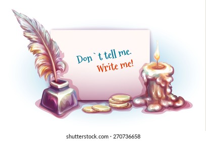 Vector banner with candle, money and feather.