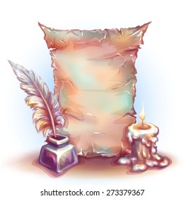 Vector banner with candle, money and feather.