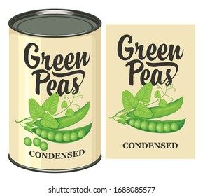 Vector banner for canned green peas with label and tin can. Label design with a realistic green peas, pods, tendrils, leaves. Canned food during quarantine, long-term storage product