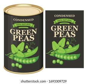 Vector banner for canned green peas. Decorative label with a realistic green peas, pods, tendrils, leaves and a tin can with this label. Canned food during quarantine, long-term storage product