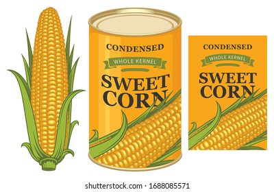 Vector Banner For Canned Sweet Corn With Corn Cob, Label And Tin Can. Label Design With A Realistic Corn Cob And Inscription On A Yellow Background. Canned Food, Long-term Storage Product