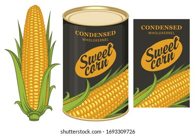 Vector banner for canned sweet corn with corn cob, label and tin can. Label design with a corn cob and inscription on a black background. Long-term storage product, canned food during quarantine