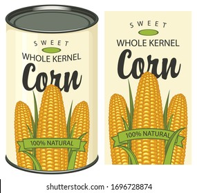 Vector banner for canned sweet corn with label and tin can. Label design with a three corn cobs and inscription on a light background. Canned food during quarantine, long-term storage product