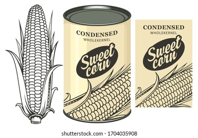 Vector banner for canned sweet corn with corn cob, label and tin can. Label design with a contour drawing of a corn cob and inscription on a light background. Long-term storage product