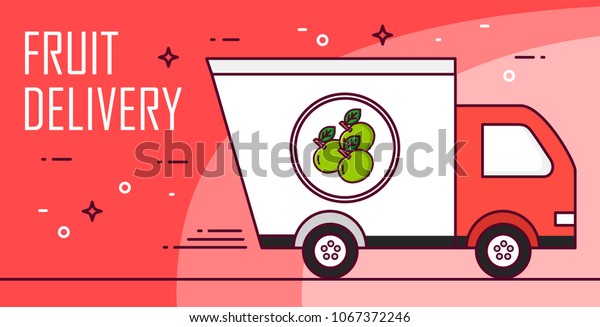 Vector banner with car for fruit delivery. Thin line\
flat design card. 