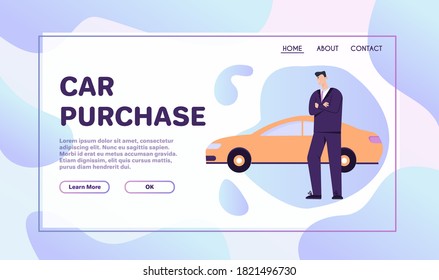 Vector banner of car purchase concept. Happy customer buying vehicle and standing near his new automobile. Character illustration of advertising template for car showroom or shop landing web page
