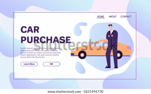 Vector banner of car purchase concept. Happy\
customer buying vehicle and standing near his new automobile.\
Character illustration of advertising template for car showroom or\
shop landing web page