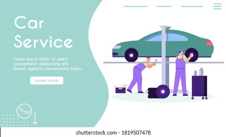 Vector banner of car service and maintenance concept. Technicians team working in garage, inspect automobile, repairs wheel, tuning and fix vehicle problem. Character illustration of template landing