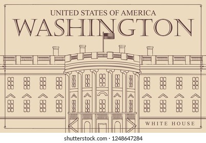 Vector banner or card with contour drawing of the US White House, Washington DC in retro style. American landmark.