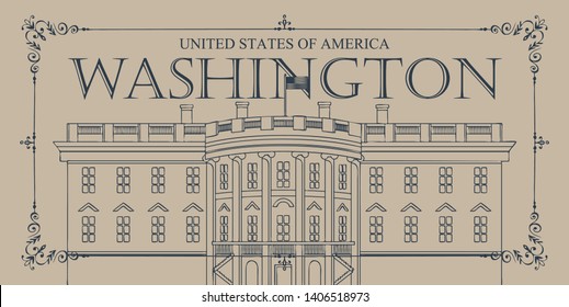 Vector banner or card with contour drawing of the famous US White House, Washington DC in retro style. American landmark.