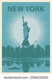 Vector banner or card with the famous American Statue of Liberty on the background of silhouettes of New York skyscrapers. Decorative illustration of US landmark in retro style in blue tones