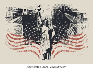 Vector banner or card with the famous American Statue of Liberty on the background of silhouettes New York skyscrapers and flag USA. Decorative illustration of US landmark in grunge style