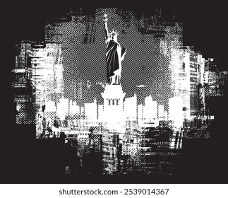 Vector banner or card with the famous American Statue of Liberty on the background of silhouettes skyscrapers and inscription of New York. Decorative illustration of US landmark in grunge style