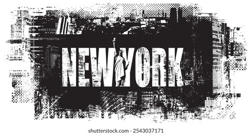 Vector banner or card with the famous American Statue of Liberty on the background of silhouettes skyscrapers and inscription of New York. Decorative illustration of US landmark in grunge style