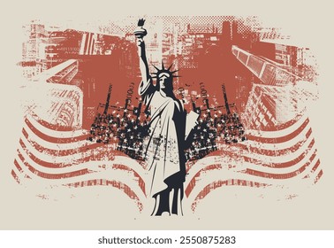 Anuncio o tarjeta de Vector con la famosa Estatua Americana de la Libertad en el fondo de siluetas de Nuevos rascacielos de York y la bandera de Estados Unidos. Ilustración decorativa de Lugar famoso estadounidense en estilo grunge