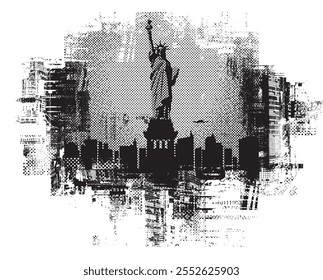 Vector banner or card with the famous American Statue of Liberty on the background of silhouettes skyscrapers in New York city. Decorative illustration of US landmark in grunge style