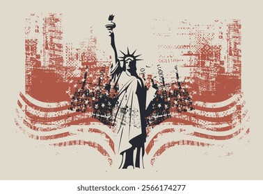 Vector banner or card with the famous American Statue of Liberty on the background of silhouettes New York skyscrapers and flag USA. Decorative illustration of US landmark in grunge style