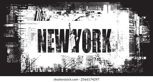 Vector banner or card with the famous American Statue of Liberty on the background of silhouettes skyscrapers and inscription of New York. Decorative illustration of US landmark in grunge style