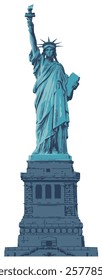 Vector banner or card with famous American Statue of Liberty. Decorative illustration of US landmark in retro style in blue tones