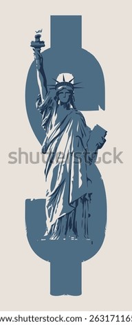 Vector banner or card with famous American Statue of Liberty on dollar sign background. Decorative illustration of USA landmark in vintage style. T-shirt design. No AI used