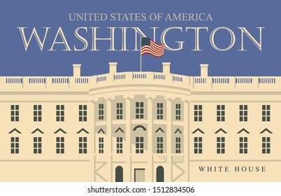 Vector banner or card with image of the famous US White House, Washington DC in retro style. American landmark.