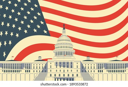 Vector banner or card with image of the US Capitol Building in Washington DC, close up in retro style on the background of american flag. American landmark.