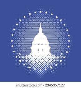 Vector banner or card with image of the US Capitol building in Washington, DC. The Western facade of the Capitol. Retro-style illustration of American landmark