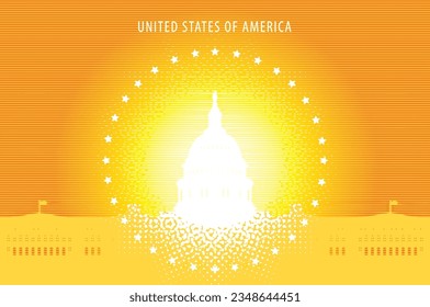 Vector banner or card with image of the US Capitol building in Washington, DC. The Western facade of the Capitol. Retro-style illustration of American landmark