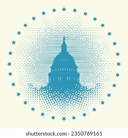 Vector banner or card with image of the US Capitol building in Washington, DC. The Western facade of the Capitol. Retro-style illustration of American landmark