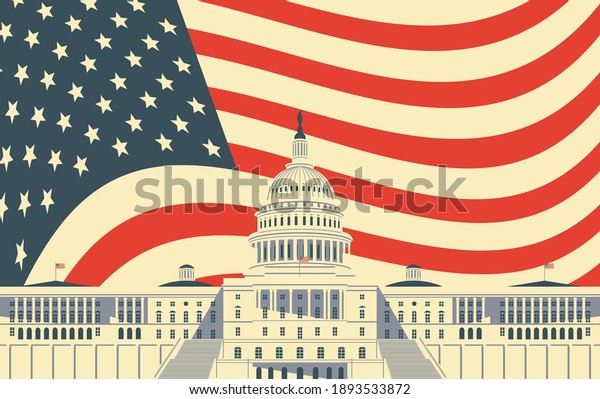 Vector banner or card with image of\
the US Capitol Building in Washington DC, close up in retro style\
on the background of american flag. American\
landmark.