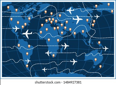 Vector banner or card on the theme of air travel. Flat illustration with airplanes and their dotted trajectories on a world map background with pointers.