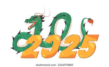 Vector Anuncio o tarjeta con el símbolo de serpiente de madera del año 2025. Estampado de año Nuevo o signo de serpiente verde. El símbolo del zodiaco chino. Un personaje de reptil en estilo oriental con número del año.