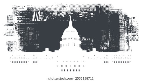 Vector banner or card with US Capitol Building in Washington DC  in art grunge background of spots and geometric shapes from elements of big city architecture. suitable for logo, t-shirt design.