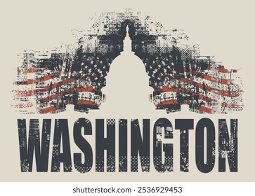 Vector banner or card with US Capitol Building in Washington DC  in art grunge background and american flags. suitable for logo, t-shirt design.