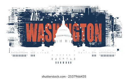 Banner vetorial ou cartão com US Capitol Building em Washington DC em fundo de arte grunge de pontos e formas geométricas de elementos da arquitetura da cidade grande. adequado para logotipo, design de t-shirt.