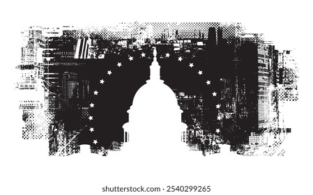 Banner vetorial ou cartão com US Capitol Building em Washington DC em fundo de arte grunge de pontos e formas geométricas de elementos da arquitetura da cidade grande. adequado para logotipo, design de t-shirt.