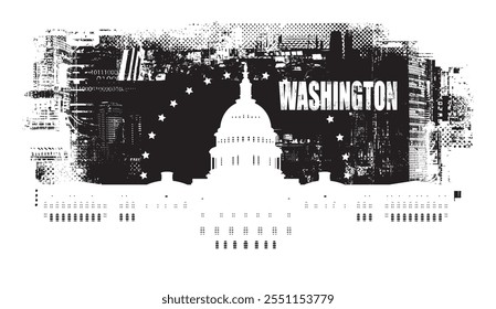 Vector banner or card with US Capitol Building in Washington DC  in art grunge background of spots and geometric shapes from elements of big city architecture. suitable for logo, t-shirt design.