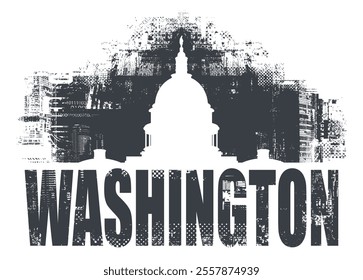 Vector banner or card with US Capitol Building in Washington DC  in art grunge background of spots and geometric shapes from elements of big city architecture. suitable for logo, t-shirt design.