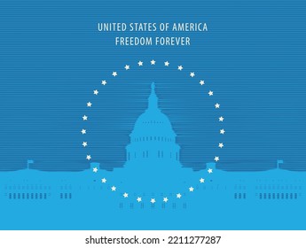 Vector banner or card with the words Freedom forever and image of the US Capitol building in Washington, DC. The Western facade of the Capitol. Retro-style illustration of American landmark