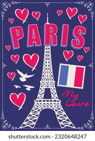 Cartel vectorial o carta con palabras París mi amor, con la famosa Torre Eiffel, bandera francesa y corazones. Ilustración decorativa al estilo de las caricaturas