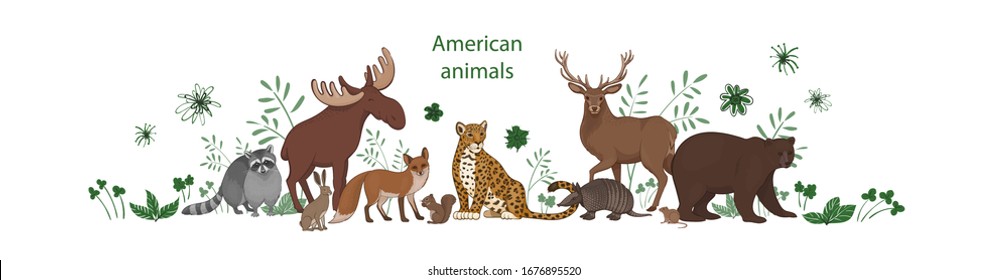 Vector banner, cartoon cute American animals with green leaves and flowers. Raccoon, fox, jaguar, squirrel, elk bear armadillo hare deer vole