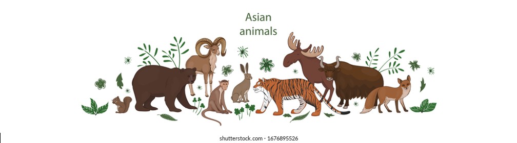 Vector banner, cartoon cute Asian animals with green leaves and flowers. Hare, fox, squirrel, elk bear urial tiger yak macaque